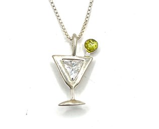 Vintage Sterling Silver Martini With Clear Stone And Green Stone Pendant Necklace