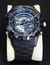 Contemporary Japanese Black And Blue Faced Quartz Movement Wristwatch