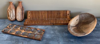 Antique Wooden Hudson Cigar Press, Wood Bowl,  Hinged Wooden Circular Press And Two Wooden Bottles