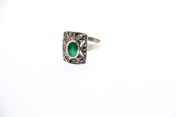 Sterling Silver Green Onyx Marcasite Ring Size 8