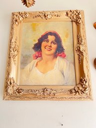 Framed Oil On Canvas Peasant Girl  In Vintage Frame