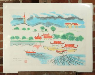 Vintage Expressionist Chinese Watercolor Painting By Doris Carter