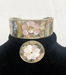 Beautiful Silver Mother Of Pearl And Abalone Bracelet And Pin- Stamped