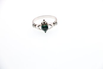 Sterling Silver Green Stone Claddagh Ring Size 9