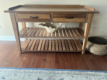 A Beautiful Paula Deen Farmhouse Server / Console Table With Slatted Shelves & Breadboard Top