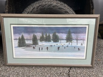 David Merrill Signed Lithograph - Ice Skaters On Frozen Pond