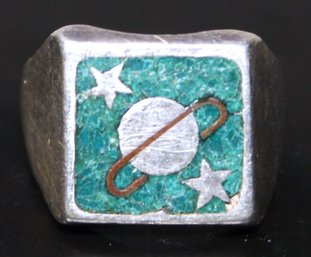 Vintage Mexican Sterling Silver Ring W Planet Saturn & Stars Turquoise Size 8