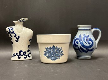 A Selection Of Blue & Cream Ceramics: Planter, Vase & Pitcher