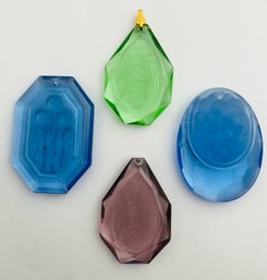 4 GORGEOUS VINTAGE CZECH DECO FACETED AND ETCHED GLASS PENDANTS