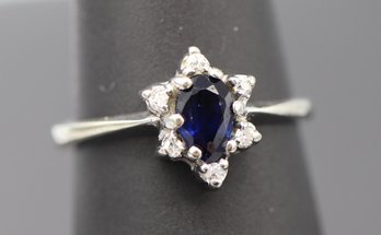 Gorgeous Blue Sapphire & Diamond Ring In 10k White Gold