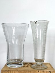 Antique Armstrong Cork Company Hand Etched Lab Glass With Spout And Modern Heavy Flared Glass Vase