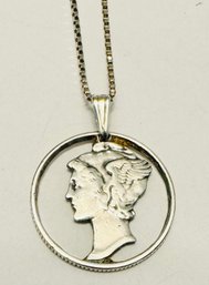 VINTAGE CUT OUT MERCURY DIME STERLING SILVER NECKLACE