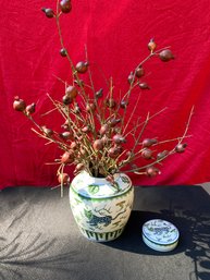 Ceramic Ginger Jar Vase With Lid W/ Persimmon Flowers