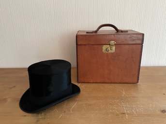 HERBERT JOHNSON FOR BROOKS BROTHERS 19TH CENTURY BEAVER SKIN TOP HAT & ORIGINAL LEATHER HAT BOX, C.1880