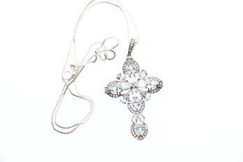 Sterling Silver Light Blue Gemstone Cross And Necklace