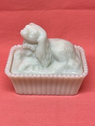 Adorable Puppy Milk Glass Lidded Container