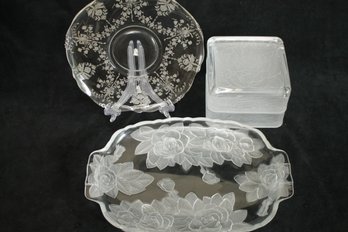 Frosted Ice Glass Inc. A HOYA 3 Piece Box, A MIKASA Studio Nova Winterrose Plate, FOSTERIA Etched Plate
