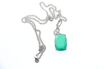 Sterling Silver Large Green Onyx Pendant And Necklace