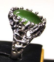 Fine Sterling Silver 1970s Moulton Formed Ring W Cabochon Jade Stone Size 6