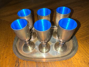 Gorgeous Set Cordials With Blue Enamel And Tray W&S Blackinton Co Meriden CT