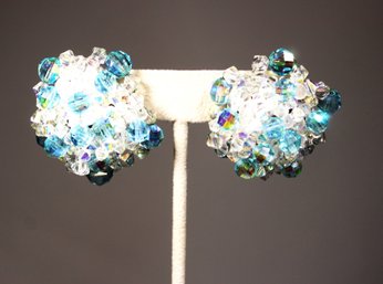 Vinrtage 960s Blue And White Crystal Round Pierced Earrings