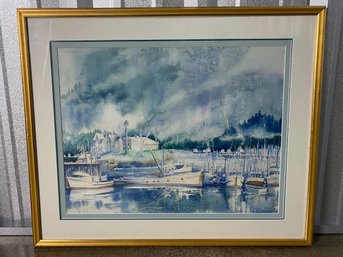Alaskan Watercolor, Boats In A Marina With Totem Pole, Signed B. Schwartz
