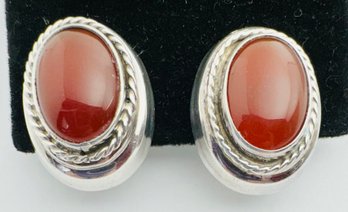 VINTAGE CHUNKY STERLING SILVER CARNELIAN CLIP-ON EARRINGS - MEXICO