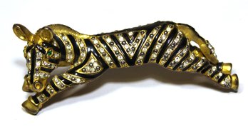 Vintage Gold Tone Zebra Enamel And Rhinestone Shoulder Brooch