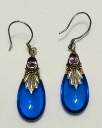 VINTAGE STERLING SILVER BLUE GLASS AND AMETHYST DANGLE DROP EARRINGS