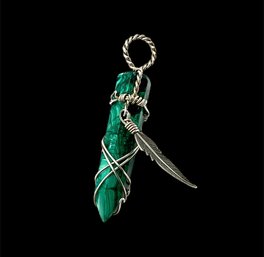 Vintage Handmade Wire Wrapped Malachite With Feather Pendant