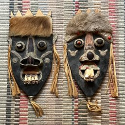 Carved Wooden Pair Of African Masks - Fur And Straw Accents