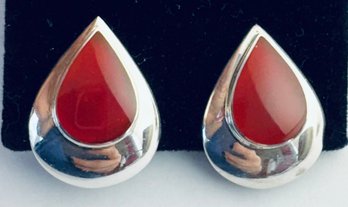 PRETTY STERLING SILVER TEAR DROP CARNELIAN CLIP-ON EARRINGS