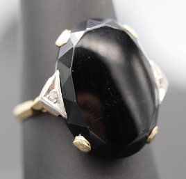 Large & Impressive Black Onyx & Diamond Accent 14k Yellow Gold Ring