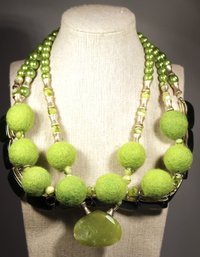 Crafted Green Costume Necklace Fuzzy Balls, Faux Pearls And Hard Stone