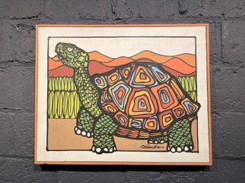 Vintage Abstract Turtle Acrylic On Canvas Signed Illegibly