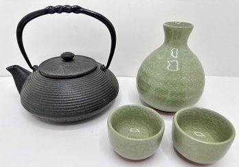 Japanese Cast Iron Tea Pot & Sake Wine Set With Glazed Terracotta Bottle & 2 Cups
