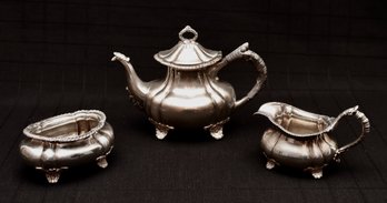 Sterling Silver Ornate Footed Tea Set Includes Tea Pot, Creamer, And Sugar Bowl 50.66 Ozt