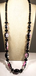 1980s Black, White And Pink Plastic Beaded Necklace 30' Long1