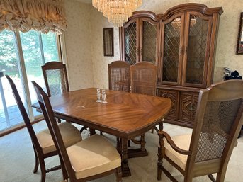 Dining Room Table, Chairs & Hutch With 6 Cane Back Chairs