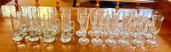 13 Modern Cut Cordial Stemmed Shot Glasses & 8 Floral Etched Crystal Cordial Liqueur Glasses Handles Floral.