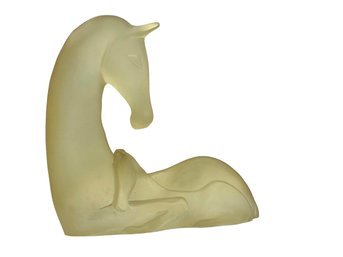 Vintage MCM Sculpture Of Reclining Mare & Foal. Lightly Frosted Acrylic / Resin With A Slightly Golden Glow.