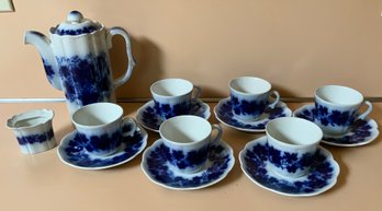 Antique Flow Blue Teapot & 6 Cups And Saucers  ~ Gefle Vinranka Percy Made In Sweden ~