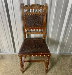 Victorian Carved Wood And Tooled Leather Side Chair