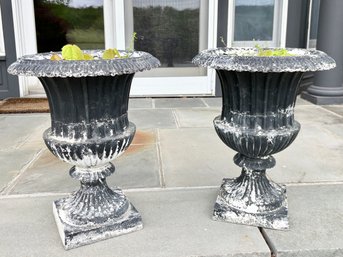 Pair Of Black Metal Urns With Concrete Interior