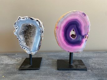 Two Beautiful Cut Geode Slabs On Display Stands