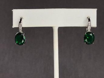 Fantastic Brand New 925 / Sterling Silver Earrings With Emeralds - Shepards Hook Mount - Very Pretty  Look !