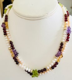 BEAUTIFUL PEARL, GARNET, CITRINE, AMETHYST AND 14K GOLD BEADS NECKLACE