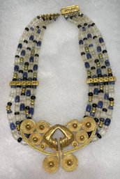 Pre-columbian Design Elaborate Brass Necklace With Semi Precious Hand Knotted