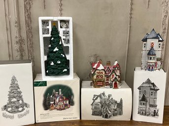 Department 56 Christmas Villages Set/4 Town Tree, Real Plastic Snow Factory, Santas Workshop, Tin Soldier Shop