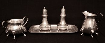 Set Of 4 Sterling Silver  Durham Lion Head Sugar Bowl And Creamer, Tray, Salt And Pepper Shakers  22.63 Ozt